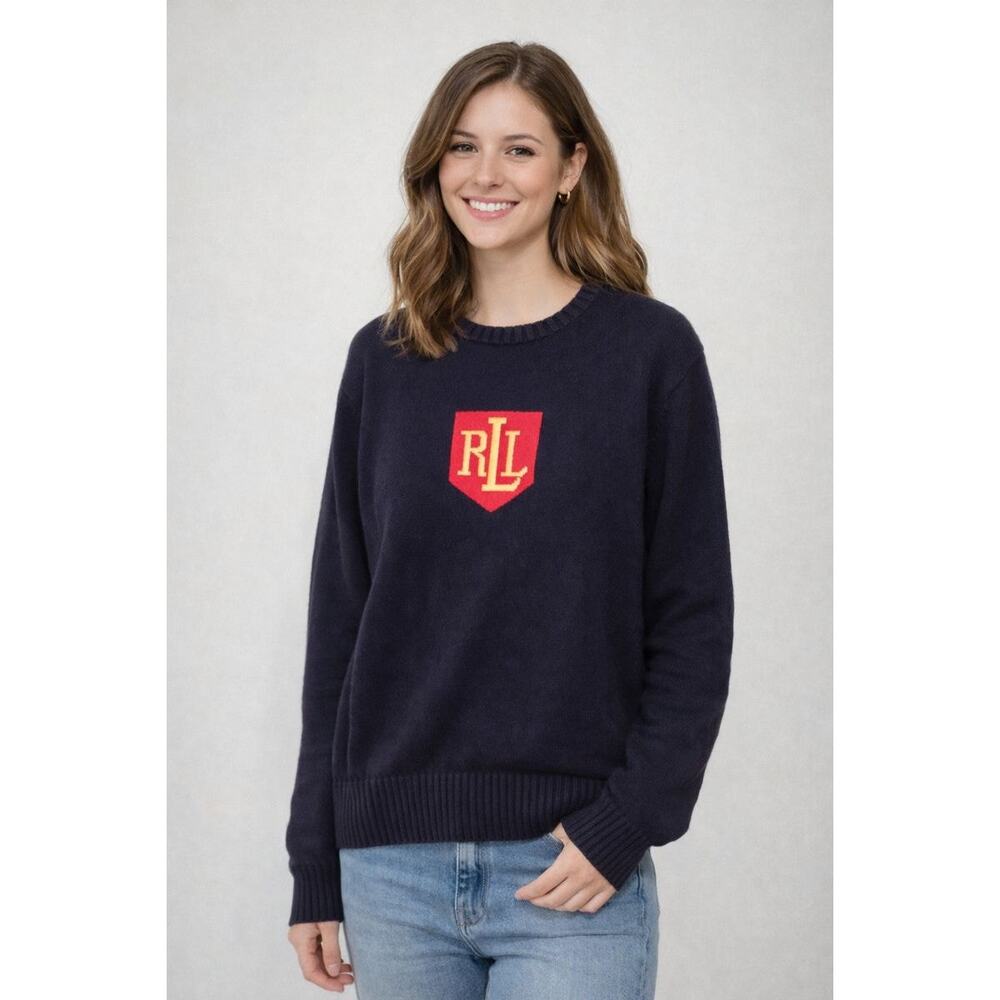 VINTAGE LAUREN RALPH LAUREN RLL Monogram Shield Sweater Large Navy Blue Red